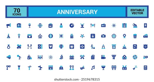 Colorful Anniversary icons set. color filled icons pack. Happy Birthday, glyph icon set for web and ui. Solid icon set. Vector illustration.