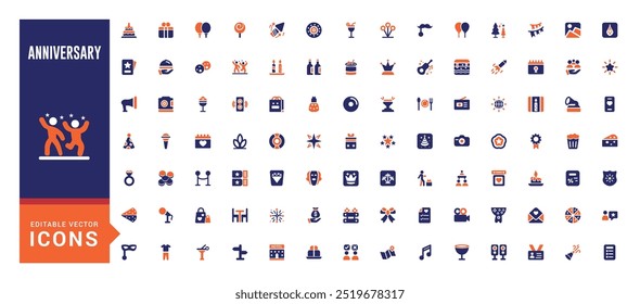 Colorful Anniversary icons set. color filled icons pack. Happy Birthday, glyph icon set for web and ui. Solid icon set. Vector illustration.