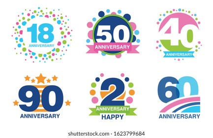 Colorful Anniversary Labels Collection, 18, 50, 40, 90, 2, 60 Years Celebration Badges Vector Illustration