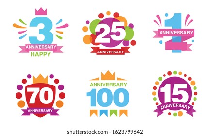 Colorful Anniversary Labels Collection, 3, 25, 1, 70, 100, 15 Years Celebration Badges Vector Illustration