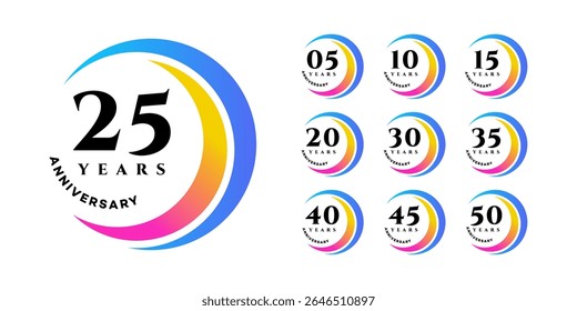 Colorful Anniversary Logos 5, 10, 15, 20, 25, 30, 35, 40, 45, 50 Years
