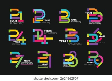 Colorful anniversary numbers. 21-29 years old logotype. . Flat Colorful number. 20th anniversary logo