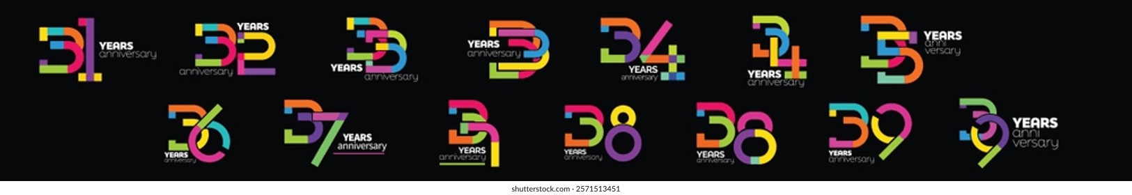 Colorful anniversary numbers 31-39. 31st  to 39th colorful numbers