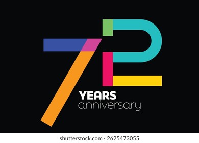 Colorful anniversary numbers. Colorful 72nd anniversary logo. 72 years old logotype. creative digits. colorful 72 number