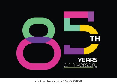 Colorful anniversary numbers. Colorful 85th anniversary logo. 85 years old logotype. Colorful number 85. 85 years of Excellence
