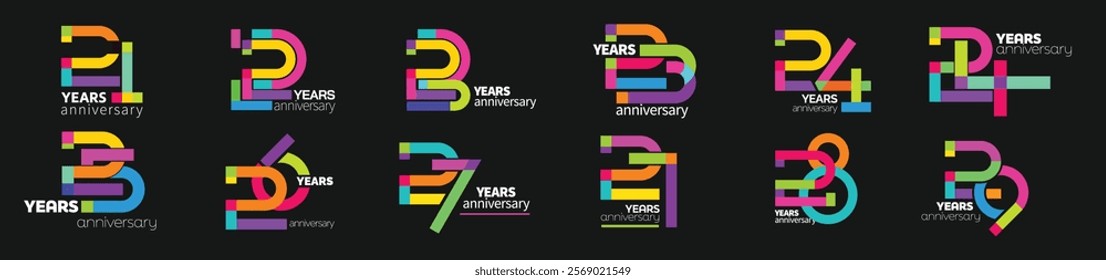 Colorful anniversary numbers set. Colorful logo number. simple congrats. isolated abstract graphic web design template. creative digits. 21 to 29 colorful number