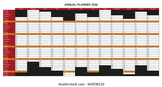 Colorful annual planner for 2016 - English, starts with Monday