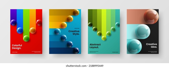 Colorful annual report vector design layout bundle. Amazing 3D balls company brochure illustration set.