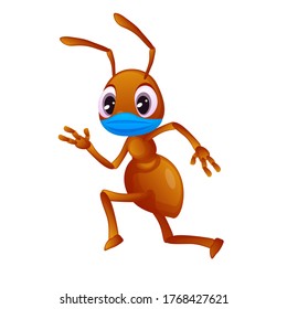 Colorful ant in a face mask is running, coronavirus pandemic