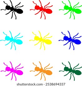 Siluetas coloridas de la hormiga sobre fondo negro" o "Iconos multicolores de la hormiga aislados en negro, Imagen de PNG. Siluetas de insectos multicolores - Conjunto de iconos de hormigas. Colección de Formas de hormigas coloridas.