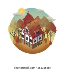 Colorful antique European home. Rent country houses. Sale, Real Estate. Autumn.