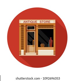 Colorful antique store front view flat icon, vector illustration. Icon style facade of a shop