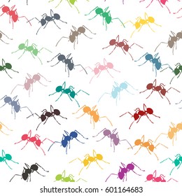 Colorful ants on white seamless background.