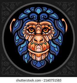 Colorful Ape Head Zentangle Arts. Isolated On Black Background.