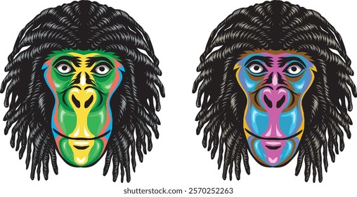 Colorful apes face with dreadlocks