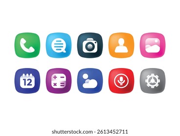 Colorful app icon set in rounded style. Includes phone, chat, camera, user, calendar, settings, and more. Perfect for UI, UX, and mobile app design. Vector illustration.