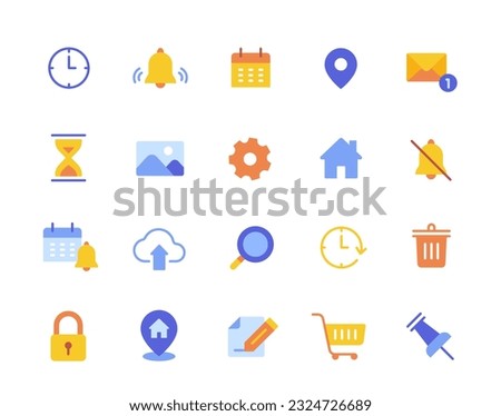 Colorful app icons set. Simple stickers with phone home screen and menu. Badges with social media and mail, alarm and gallery, map and online store. Cartoon flat vector isolated on white background