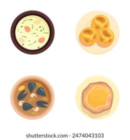 Colorful and appetizing assorted cartoon dishes set with vector illustrations of soup, dessert, pizza, and egg dish  digital art cuisine clipart collection for menu items and restaurant concepts