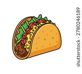 A colorful and appetizing cartoon illustration of a hard-shell taco, generously filled with seasoned ground beef, shredded lettuce, diced tomatoes, and grated cheese, presented on a clean white backg.