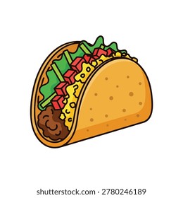 A colorful and appetizing cartoon illustration of a hard-shell taco, generously filled with seasoned ground beef, shredded lettuce, diced tomatoes, and grated cheese, presented on a clean white backg.