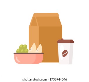 Colorful Appetizing Fresh Food To Go Vector Flat Illustration. Paper Package With Meal, Coffee Cup, Bowl With Juicy Apple And Grape Isolated On White Background. Delicious Lunch Packaging