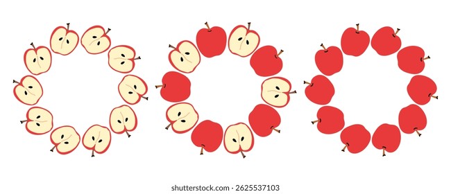 Colorful apple design arranged in a circle with sliced and whole fruits for a creative layout
