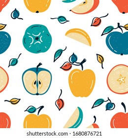 Colorful Apple Fruit Background. Seamless Pattern with Hand Drawn Doodle Apples with Leaves and Apple Slices. Fruits Wallpaper. Healthy Summer Food Background