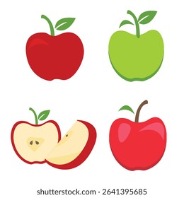Colorful apple illustration set featuring whole and sliced apples.
