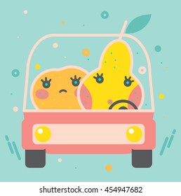Colorful apple illustration, vector. Modern creative design. Bright decorative illustration. Stylish food and drink vector. Cute tasty orange, pear in a car.
Healthy lifestyle, vegan, fruit diet.