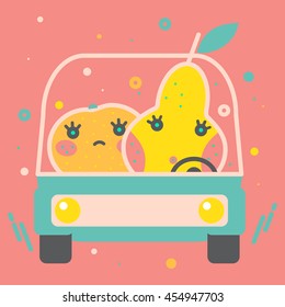 Colorful apple illustration, vector. Modern creative design. Bright decorative illustration. Stylish food and drink vector. Cute tasty orange, pear in a car.
Healthy lifestyle, vegan, fruit diet.