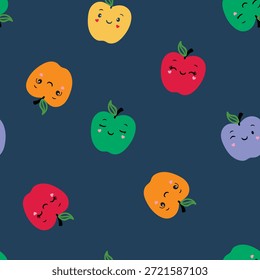 Colorful apple pattern on blue background. apple background. Apples seamless pattern. For paper