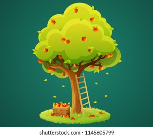 Colorful apple tree with red apples on grass circle isolated on green background. Wooden box of apples and ladder. Vector illustration.