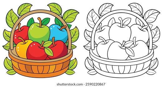 Colorful Apples In Basket Coloring Page For Kids Printable With Outline Vector On White Background