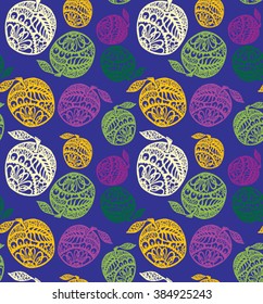 colorful apples with rich decor on a dark blue background seamless vector pattern