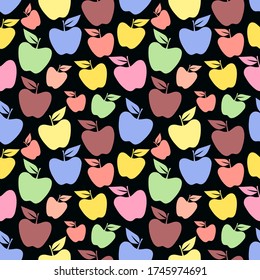 Las manzanas coloridas son un patrón sin fisuras en un fondo negro.