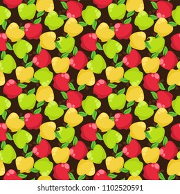 Colorful Apples Seamless Pattern - Red, green, and golden apples on brown background
