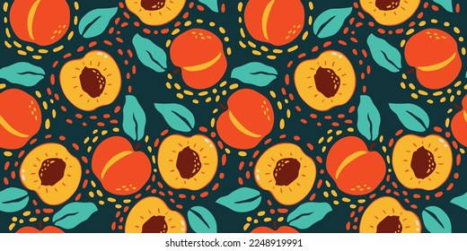 Juicy albaricoquis sin fisuras. Diseño vectorial de rodajas de albaricoque de melocotón con hojas para tela, papel, cubierta, papel pintado, decoración interior y otros usos. Ilustración del vector
