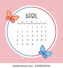 Colorful April 2025 Calendar Template with Cartoon Butterflies