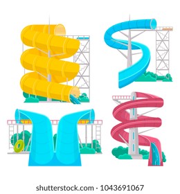 Colorful aquapark isolated set of various plastic water tubes and slides. Outdoor family beach vacation, children water attractions vector illustration. Wonderful summertime, funny relax and activity.