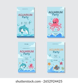 Convites coloridos para festas de aquário com golfinhos, polvos e peixes. Inclui data, hora e detalhes da festa com temas subaquáticos festivos.