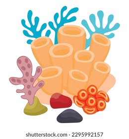 Colorful aquatic underwater with coral reef.Set of ocean inhabitants of various shapes.Marine print on fabric and paper.Vector hand drawn flat style illustration isolated on white background.