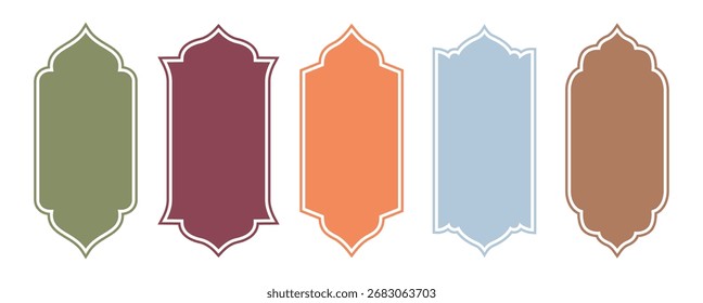 Quadros islâmicos árabes coloridos. Janelas ou arabeses orientais para decoração árabe. Conjunto de formas de silhueta kareem Ramadã. vetor de banner geométrico muçulmano.