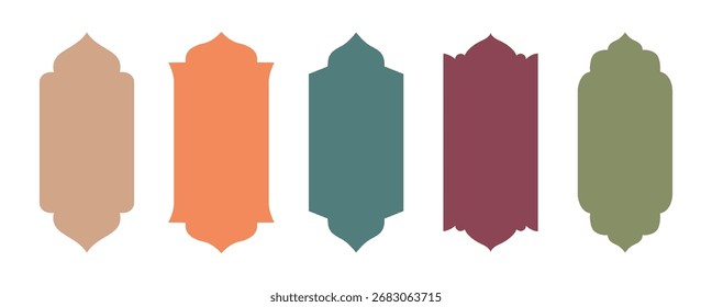 Farbige arabische islamische Rahmen. Orientalisch arabeske Fenster oder Türen Bogen für arabische Dekoration. Set von Ramadan Kareem Silhouette Formen. muslimischer geometrischer Bannervektor.