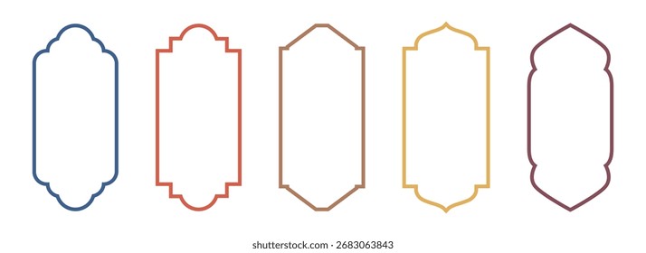 Quadros islâmicos árabes coloridos. Janelas ou arabeses orientais para decoração árabe. Conjunto de formas de silhueta kareem Ramadã. vetor de banner geométrico muçulmano.