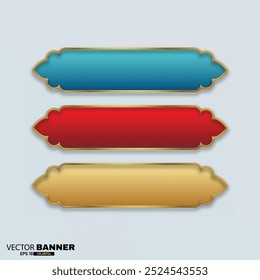 Conjunto de Anuncios de Vector islámico de diseño arabesco colorido. Cuadro de texto y marco de título Anuncio de infografía islámica de estilo árabe con contorno dorado.