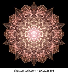 Colorful arabesque tea rose Mandala on black background. Decorative round ancient geometry ornament. T-shirt and greeting card guilloche design. Hand drawn ornament. Islam, Arabic, Indian style