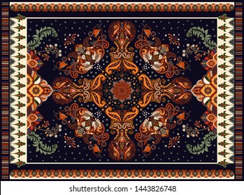 Colorful arabian vector design for rug, towel, carpet, textile, fabric, cover. Bright floral stylized decorative motifs. Rectangular ethnic floral design with ornamental center. Vector template rug