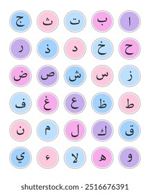 Colorful Arabic Alphabet for School Books, First Words Alphabet Cards for Toddlers Kids, Early Childhood Education. Arabic alphabet education reading, learning. Islamic vector illustration