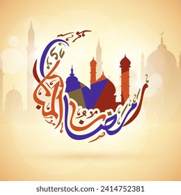 Colorful Arabic Calligraphy Text Ramazan-ul-Mubarak (Happy Ramadan) in Crescent Moon Shape with Mosque for Holy Month of Muslim Community Festival Ramadan Kareem Celebration Concept.