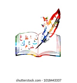 Colorful Arabic Islamic Calligraphy Symbols With Open Book Vector Illustration. Creative Writing, Education Concept Background